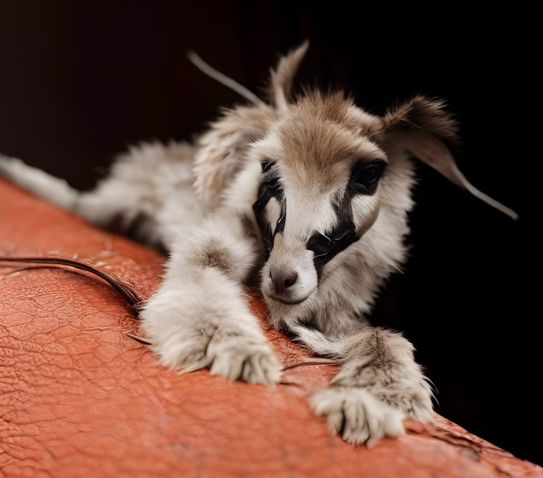 Fluffy goat kid with big ears on leather surface