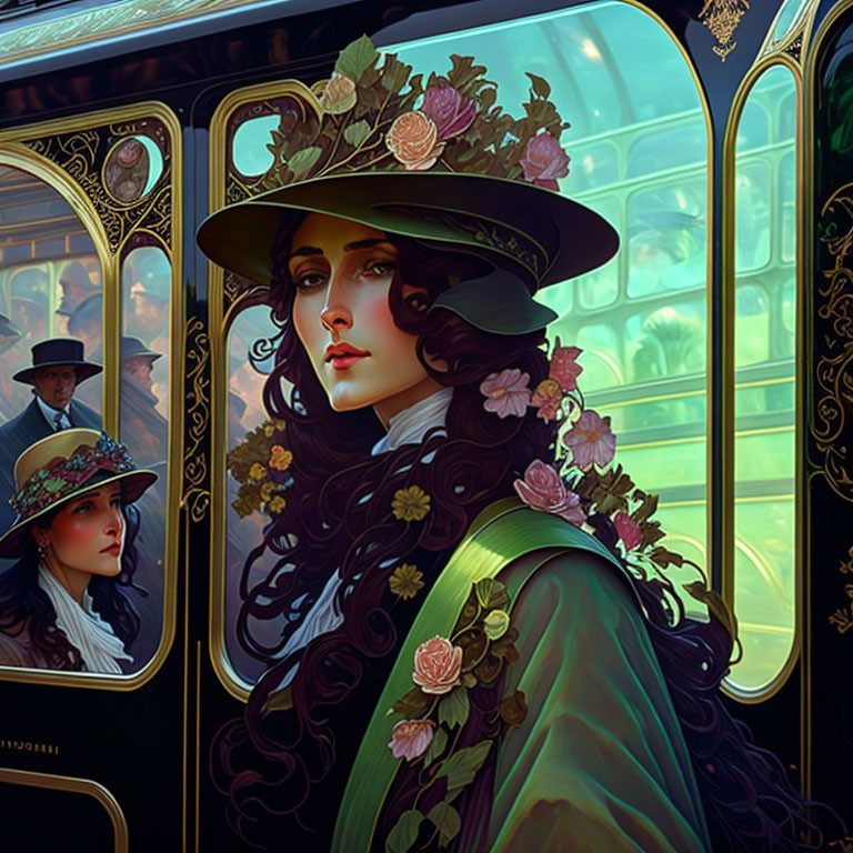 Woman in floral hat surrounded by roses reflecting on train window
