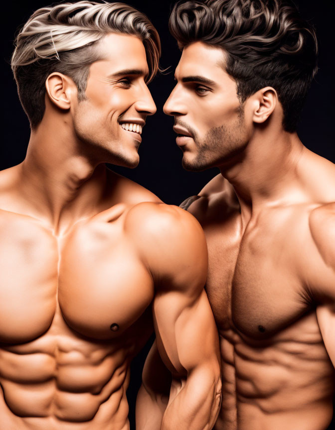 Muscular men with styled hair smiling in dark background