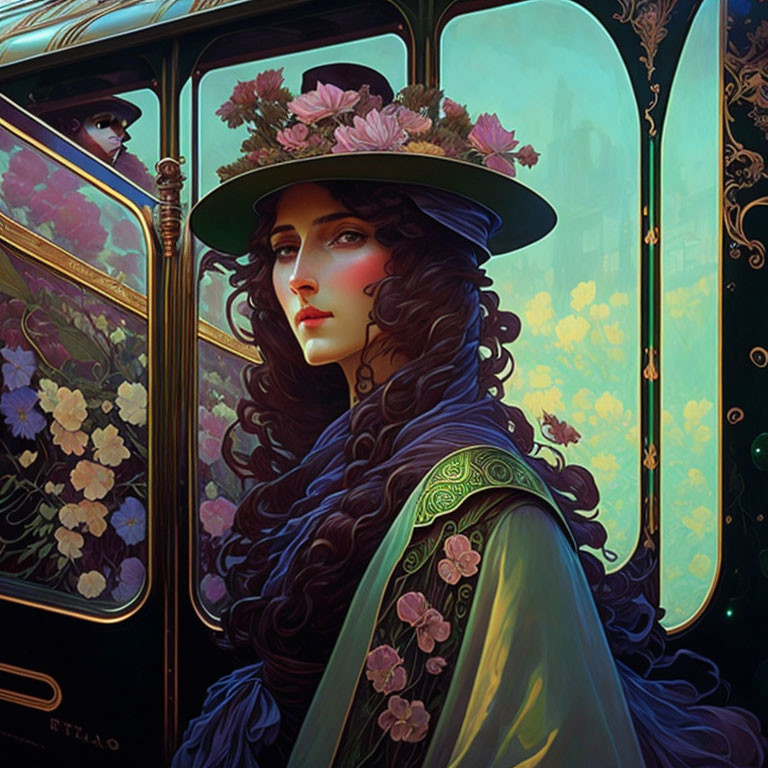 Woman with floral hat and curly black hair standing by vintage tram
