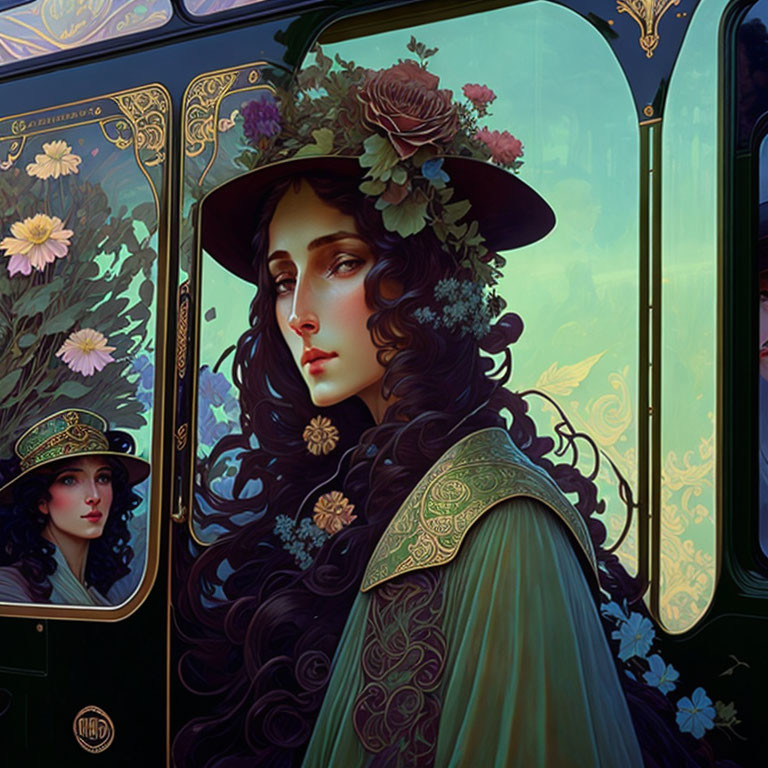 Portrait of woman with dark hair and floral hat in green cloak, reflected in flower-adorned window