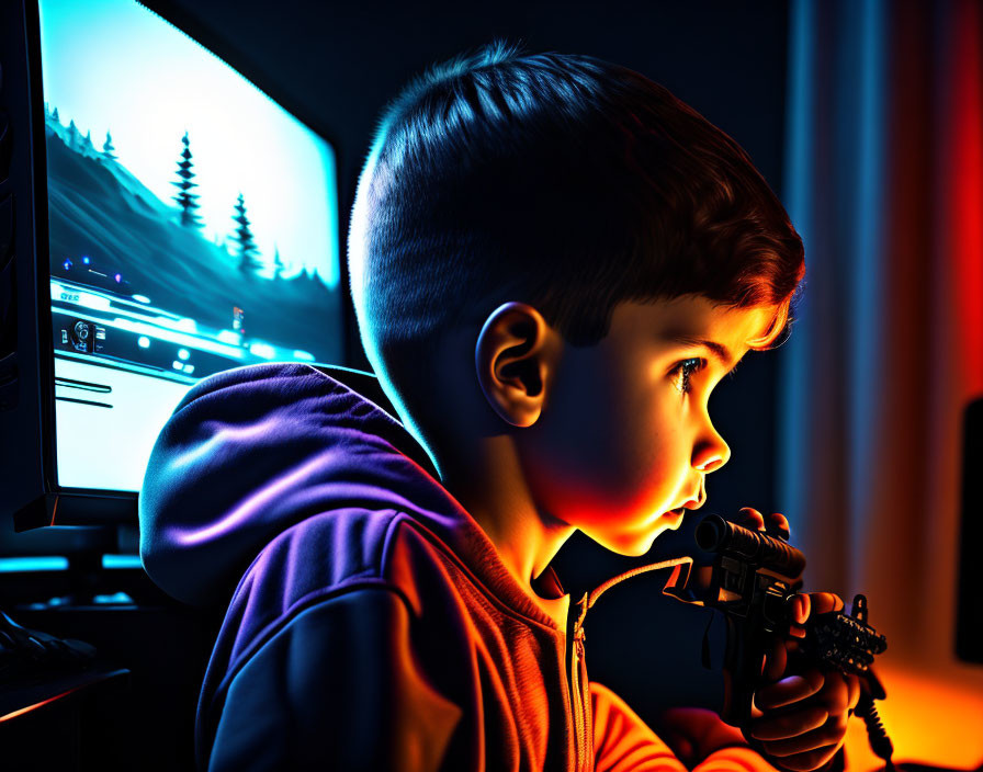 Boy aggressively playing shooting video game