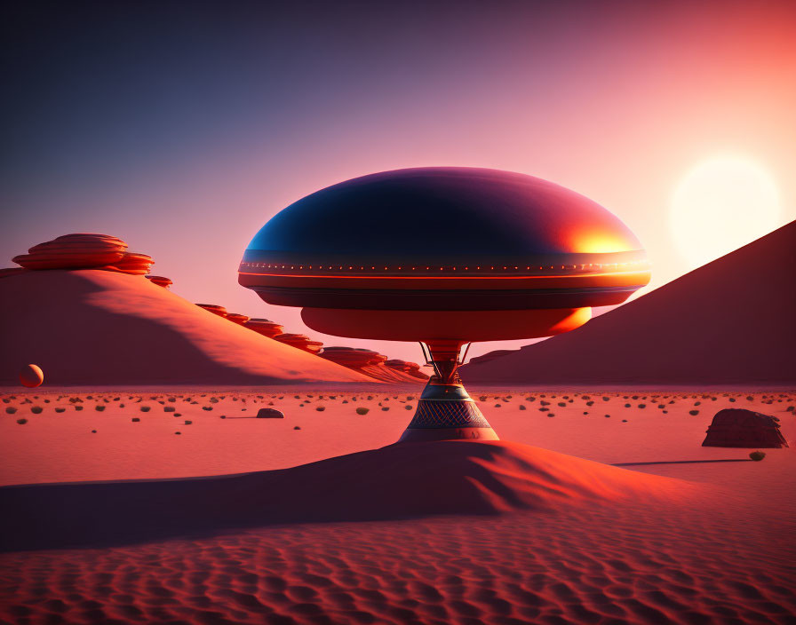 Futuristic spacecraft lands on desert terrain at sunset