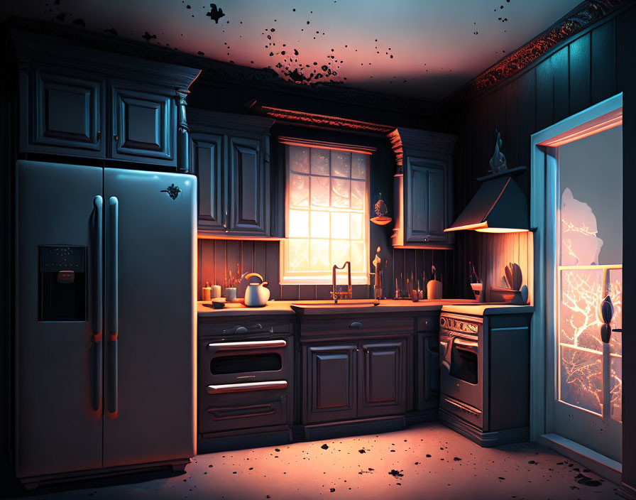 Dark kitchen of a haunted house with ghost shadows