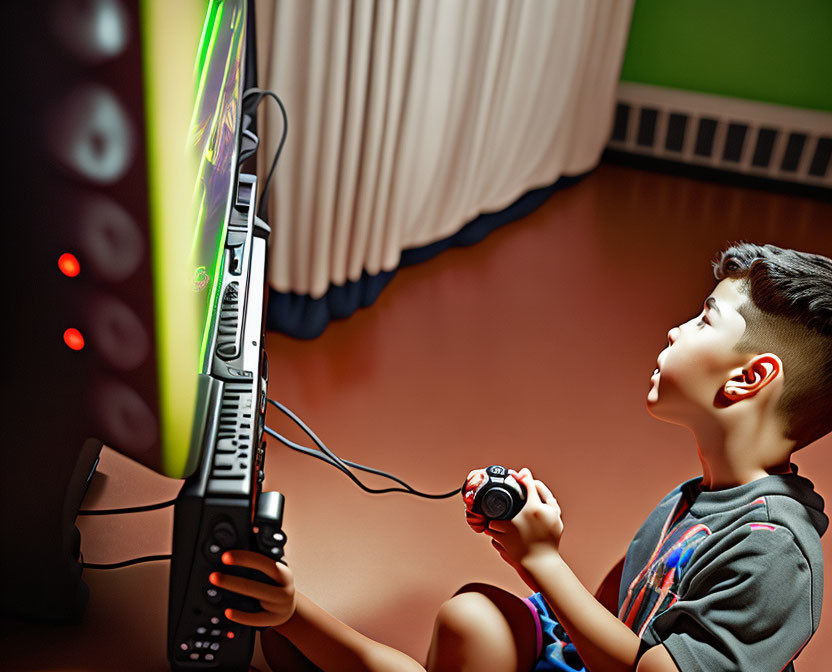 Boy aggressively playing shooting video game