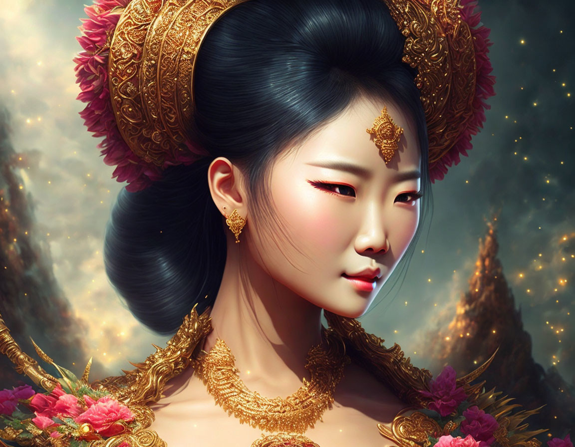 Illustrated portrait of woman with traditional gold headdress and red makeup, surrounded by pink flowers