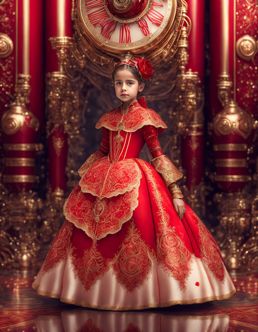 Young girl in red and gold dress by ornate clock in luxurious room