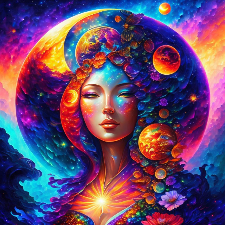 Colorful cosmic woman illustration with celestial elements and vibrant flowers