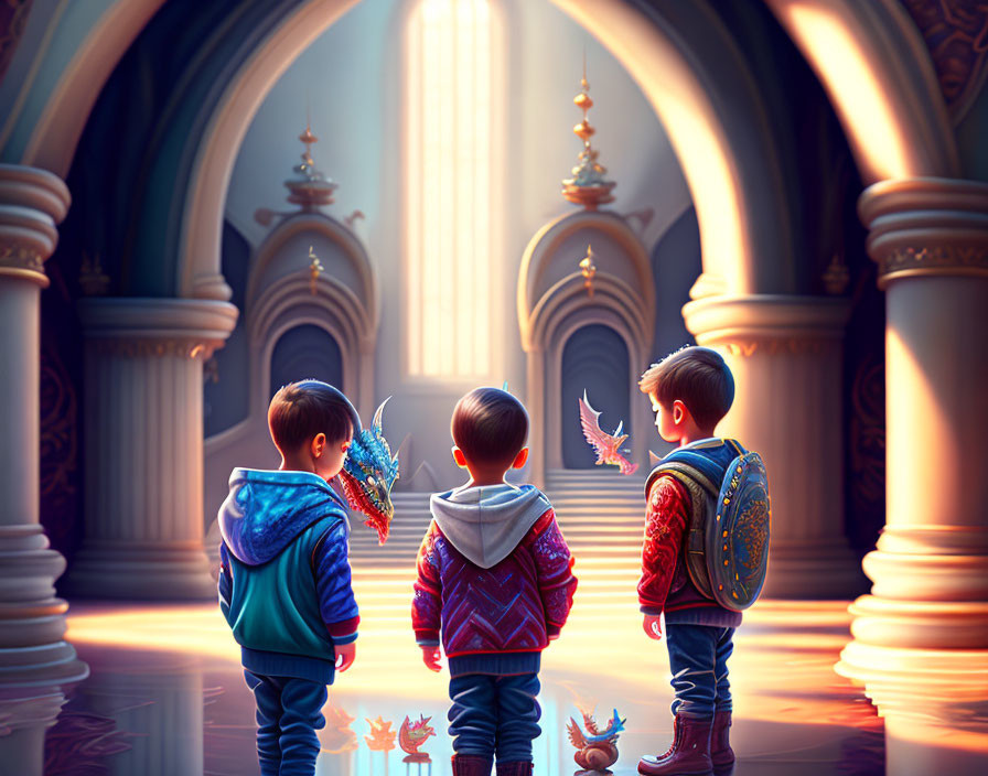 Children with backpacks gaze at ethereal butterflies in luminous hallway