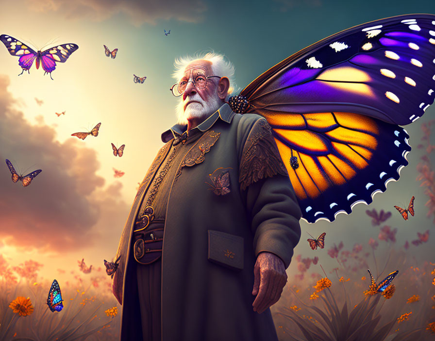 Elderly man with glasses in field at sunset surrounded by flying butterflies
