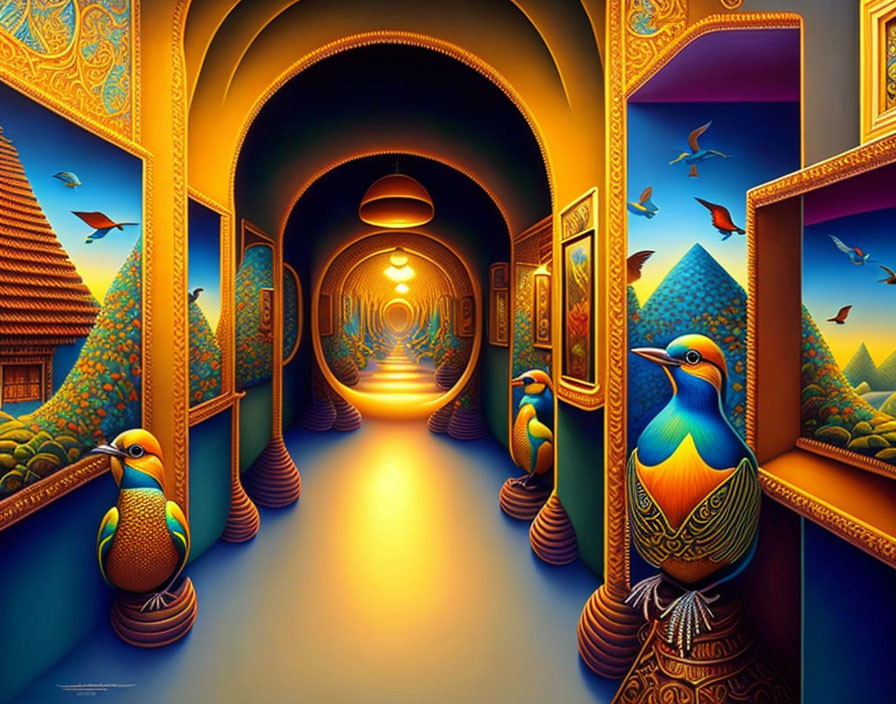 Colorful surreal artwork: Long corridor, ornate walls, peacock sculptures, landscapes, flying birds