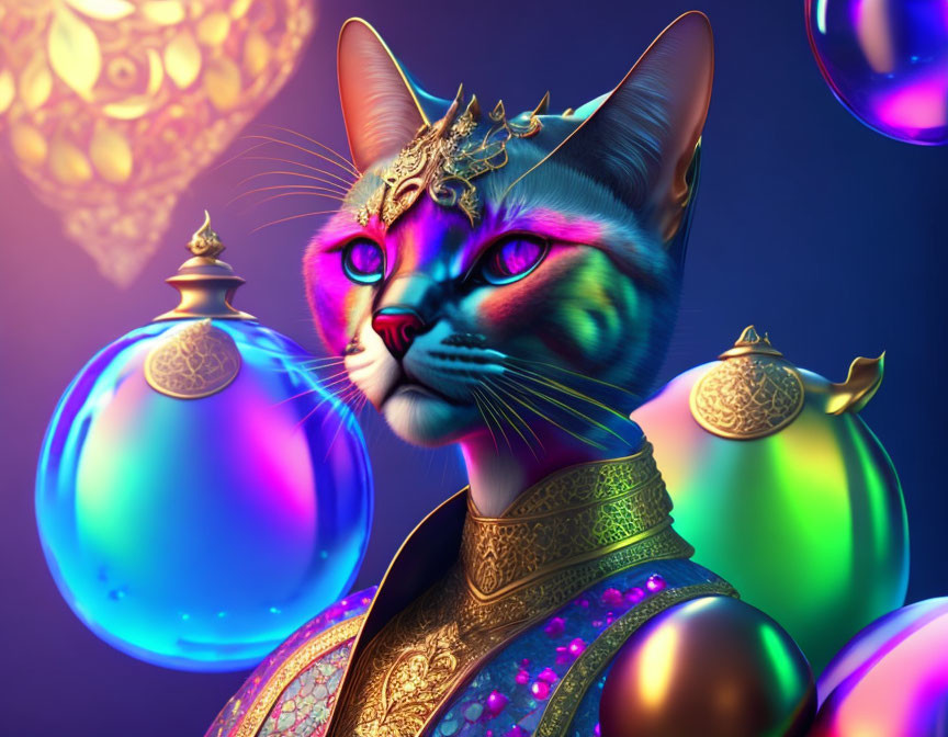 Regal cat with golden jewelry and crown, surrounded by vibrant orbs and patterns
