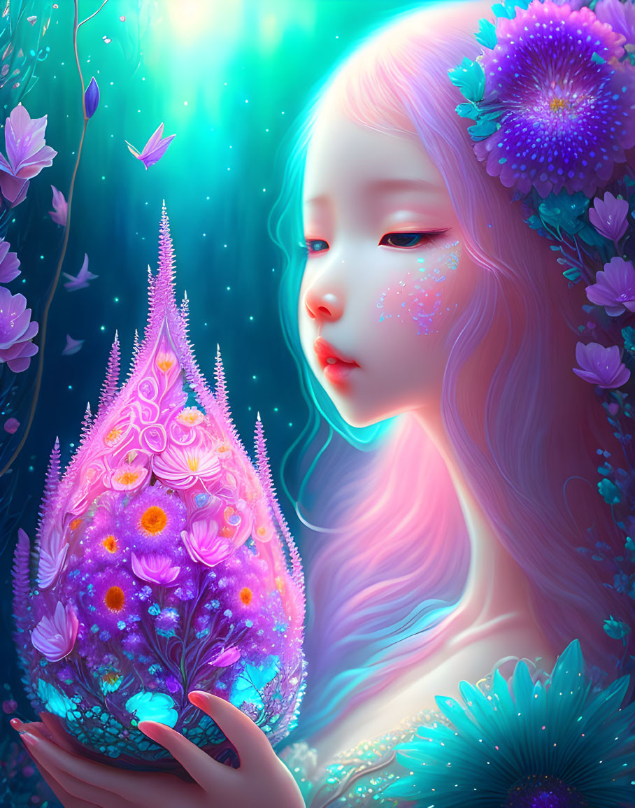 Vibrant surreal image of girl with pink hair and glowing floral drop among purple blossoms on blue