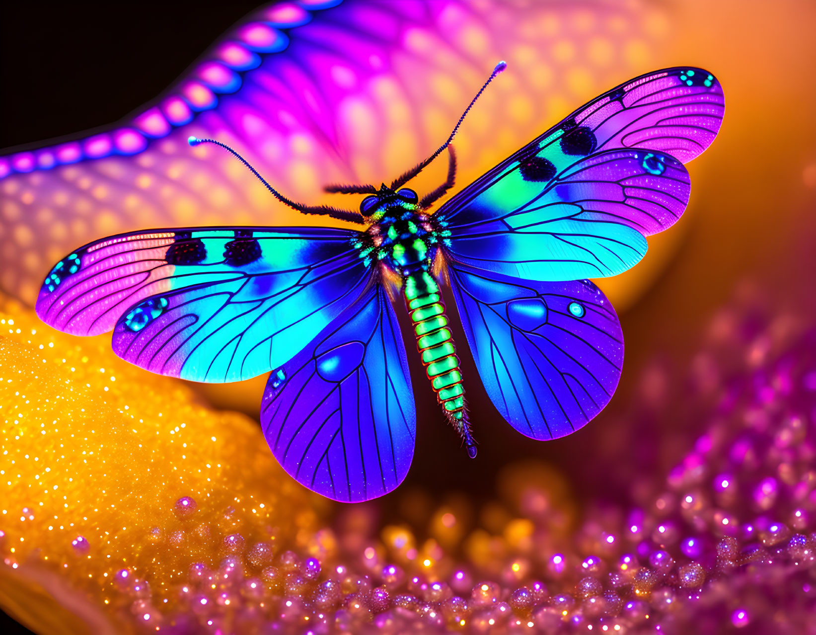 Colorful Butterfly on Glittering Surface with Iridescent Hues