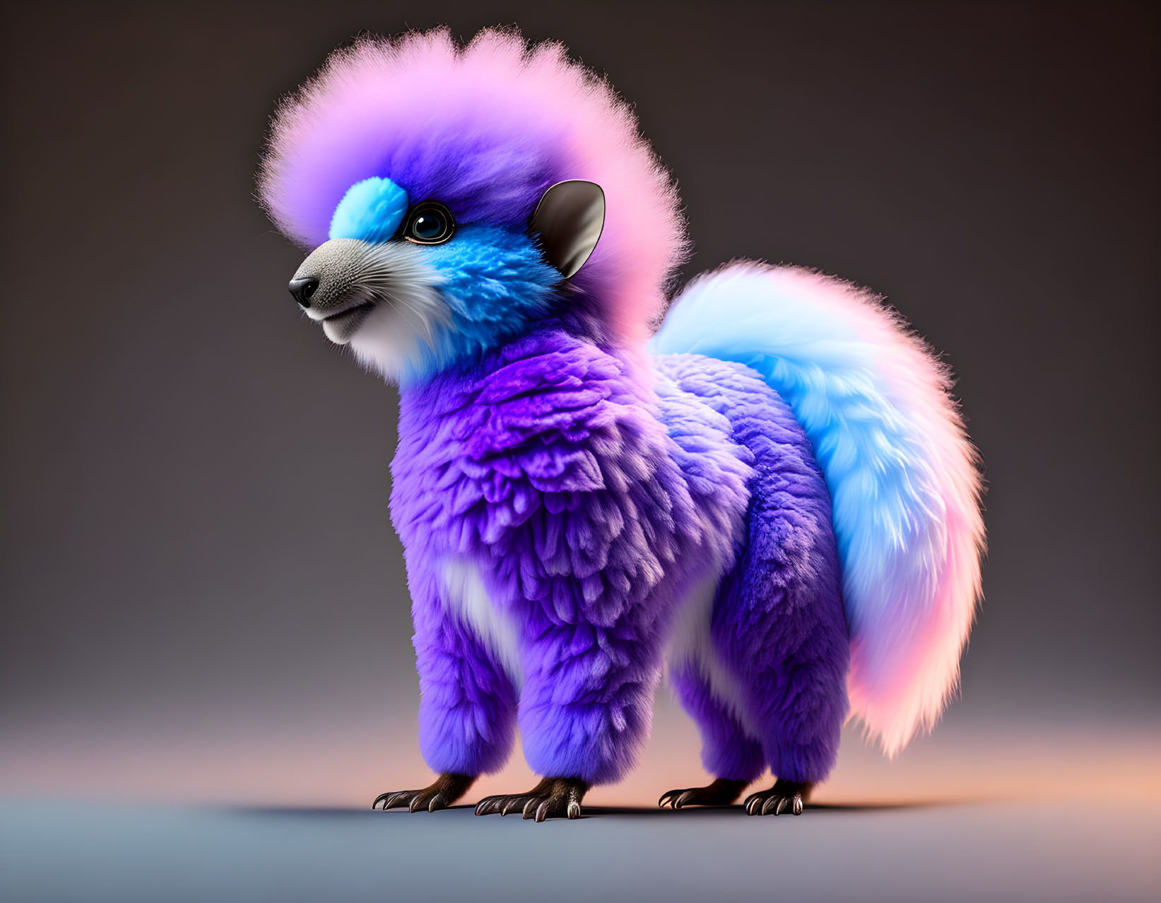 Colorful fluffy creature with electric blue and purple fur and bright blue eyes on neutral background