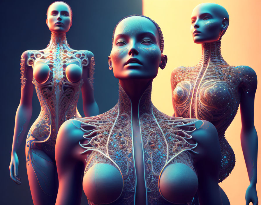 Futuristic humanoid figures with detailed exoskeletons in gradient-lit setting