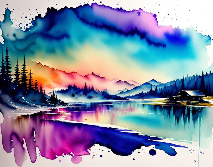 Serene lakeside sunset watercolor painting