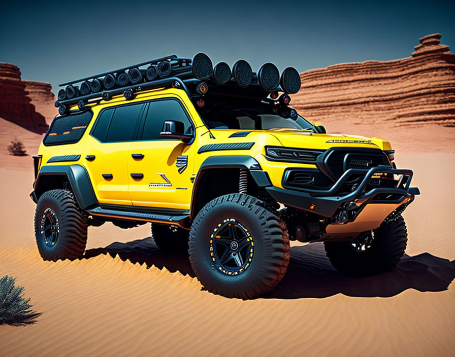 Bright Yellow Off-Road Vehicle with Roof Lights and Oversized Tires in Desert Setting