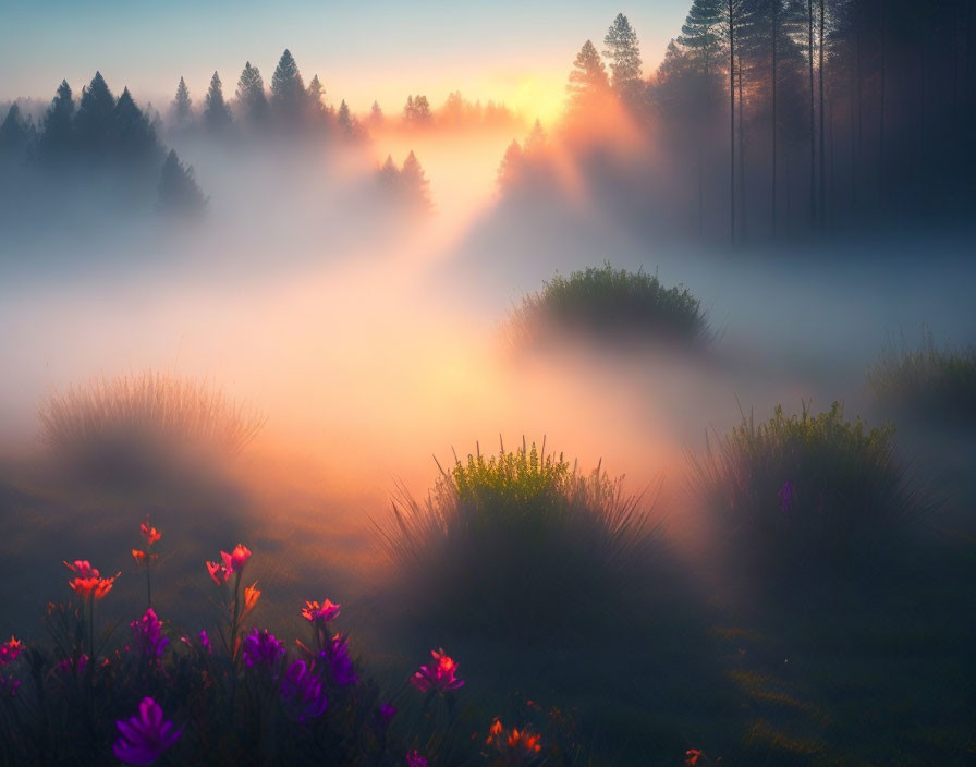 Sunlit Misty Forest: Sunrise, Wildflowers, Silhouetted Pines
