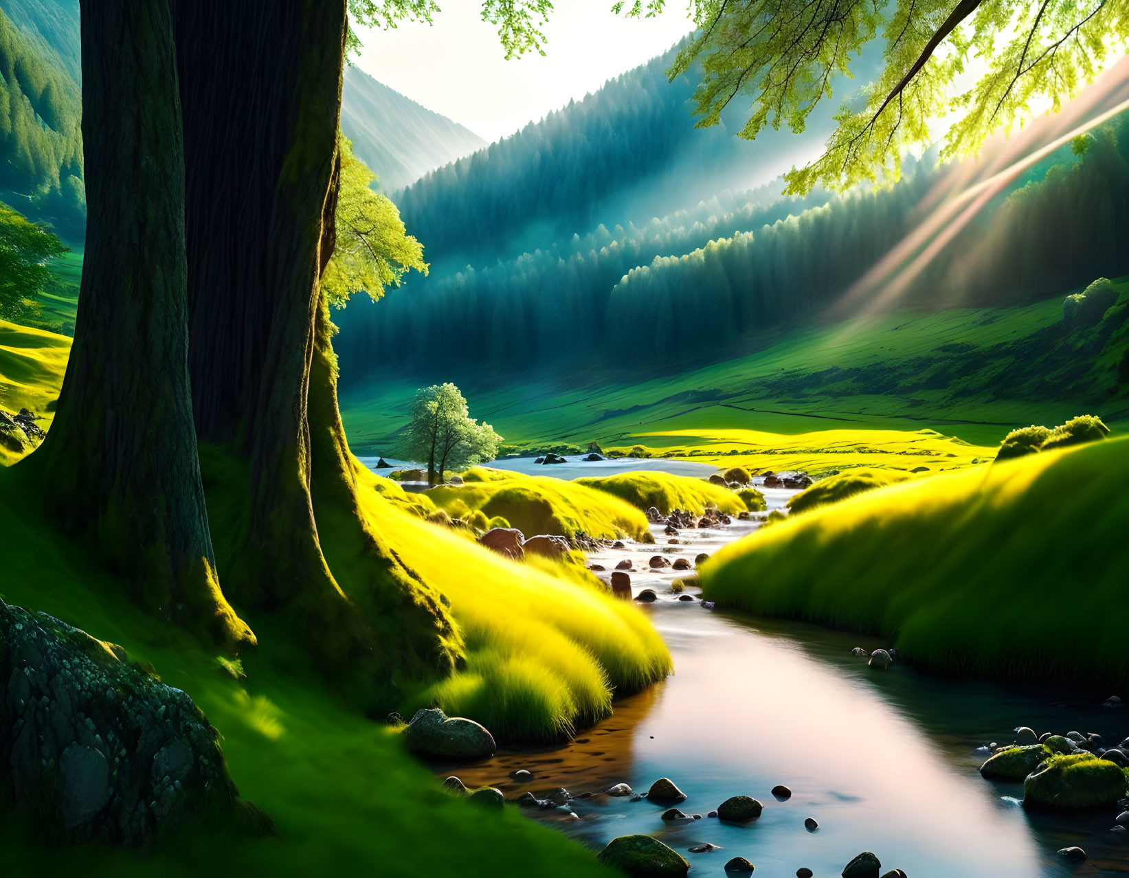 Tranquil River in Lush Valley with Sunbeams