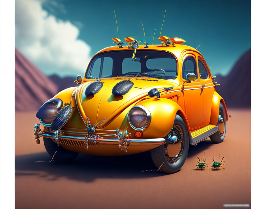 Yellow Volkswagen Beetle Car Illustration with Bug Features on Desert Background