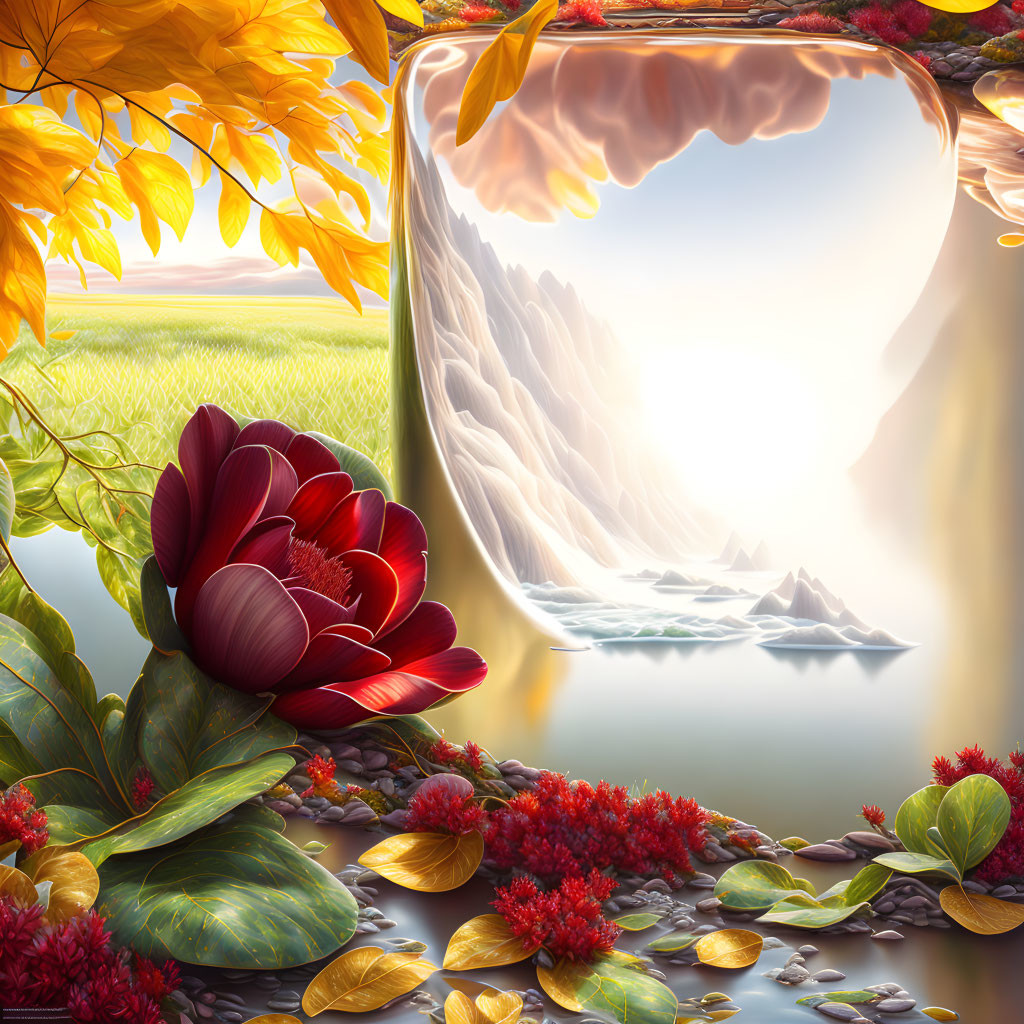 Colorful fantasy landscape with waterfall, lake, and red flower