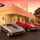 Classic 1950s diner with vintage cars and neon lights at dusk