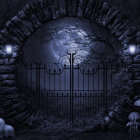 Mystical blue-themed image with iron gate, roses, magical tree, gothic archway,