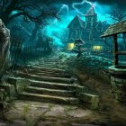 Mystical forest night scene with gothic structure and illuminated paths