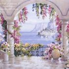 Tranquil lake view framed by floral archway and castles
