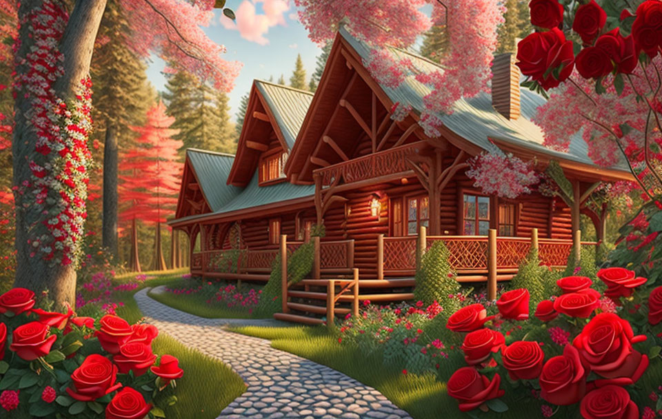 Tranquil wooden cabin surrounded by pink trees and red roses in lush forest setting