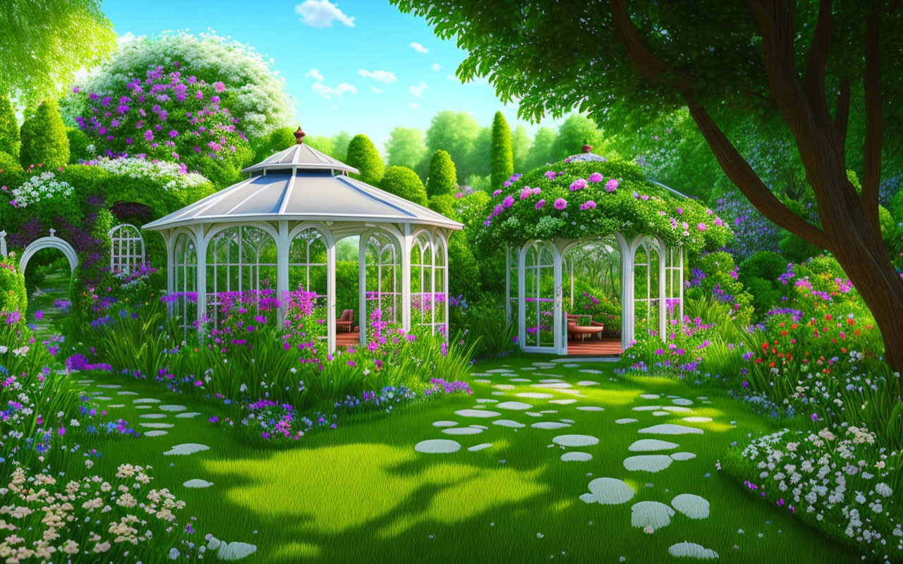 Lush Garden with White Gazebo and Colorful Flowers