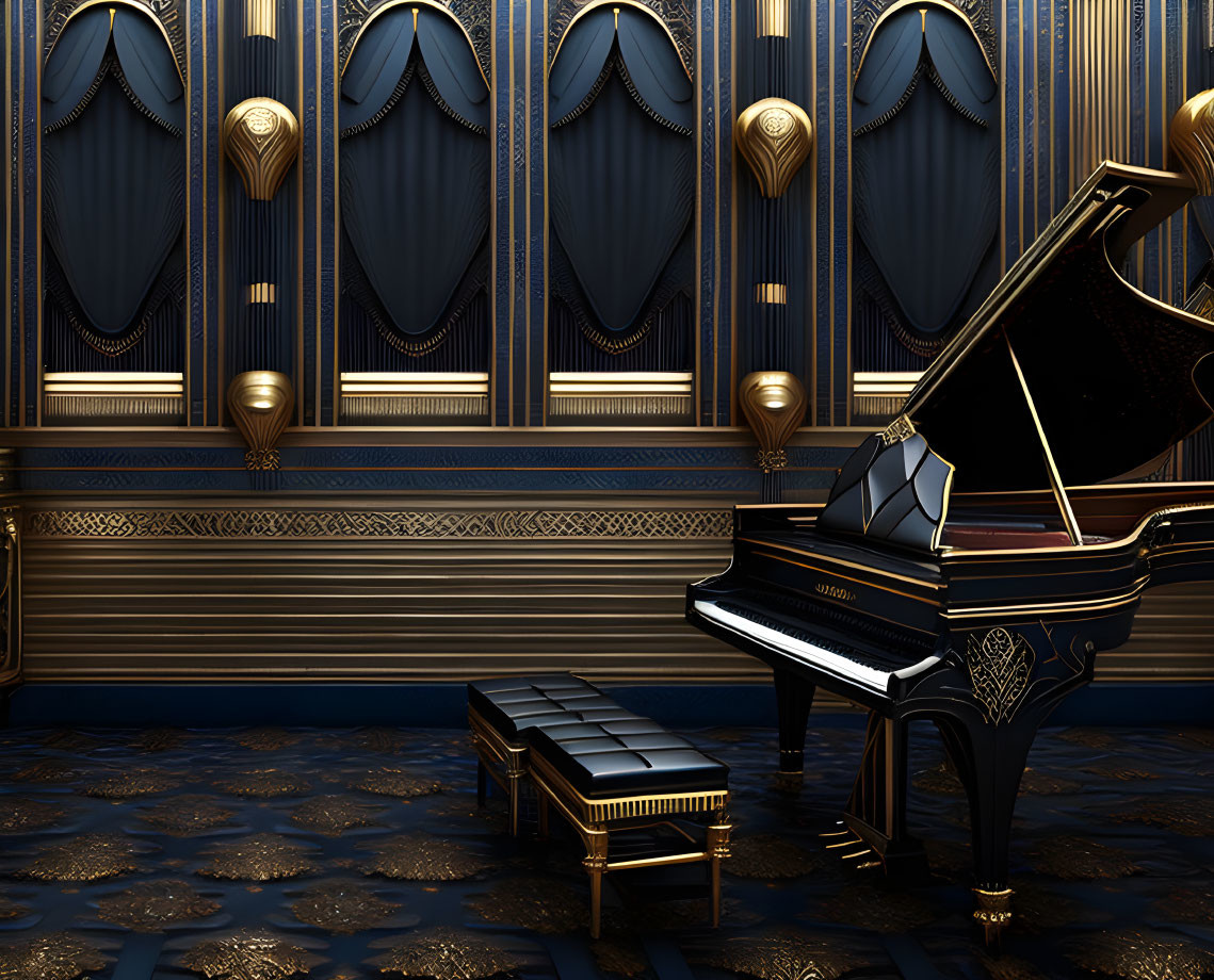 Elegant Room with Grand Piano and Blue Curtains