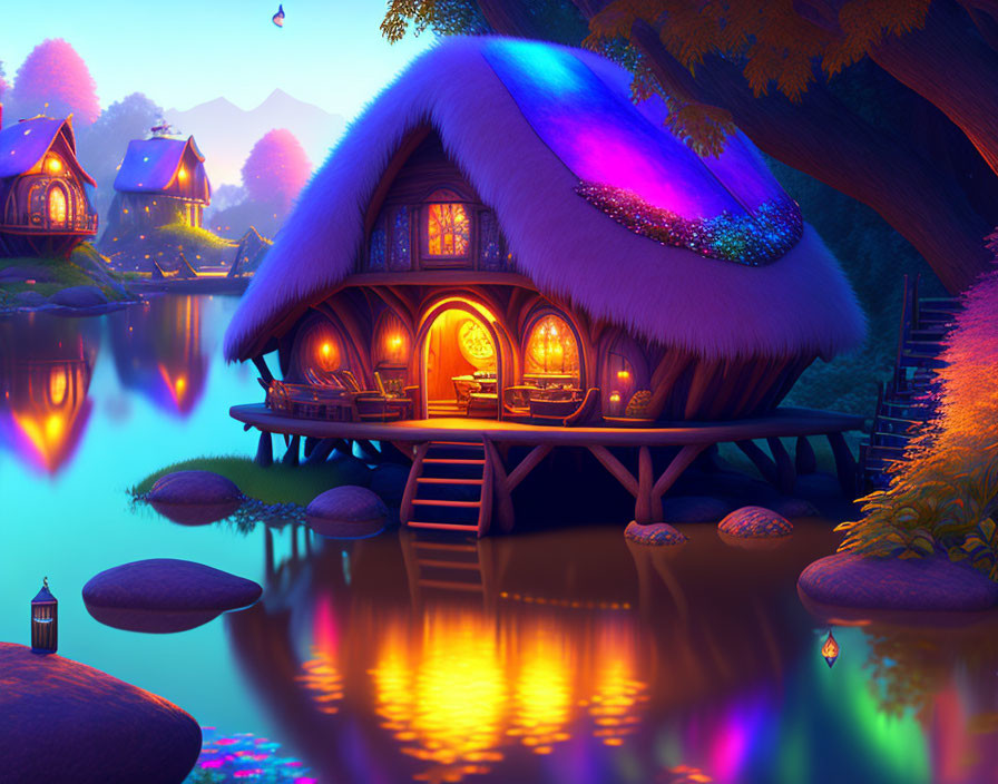 Cozy thatched-roof cottage by lakeside at night