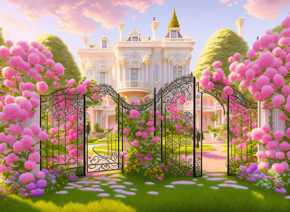 Luxurious white mansion with ornate details and wrought iron gate amidst pink flowers and topiaries under
