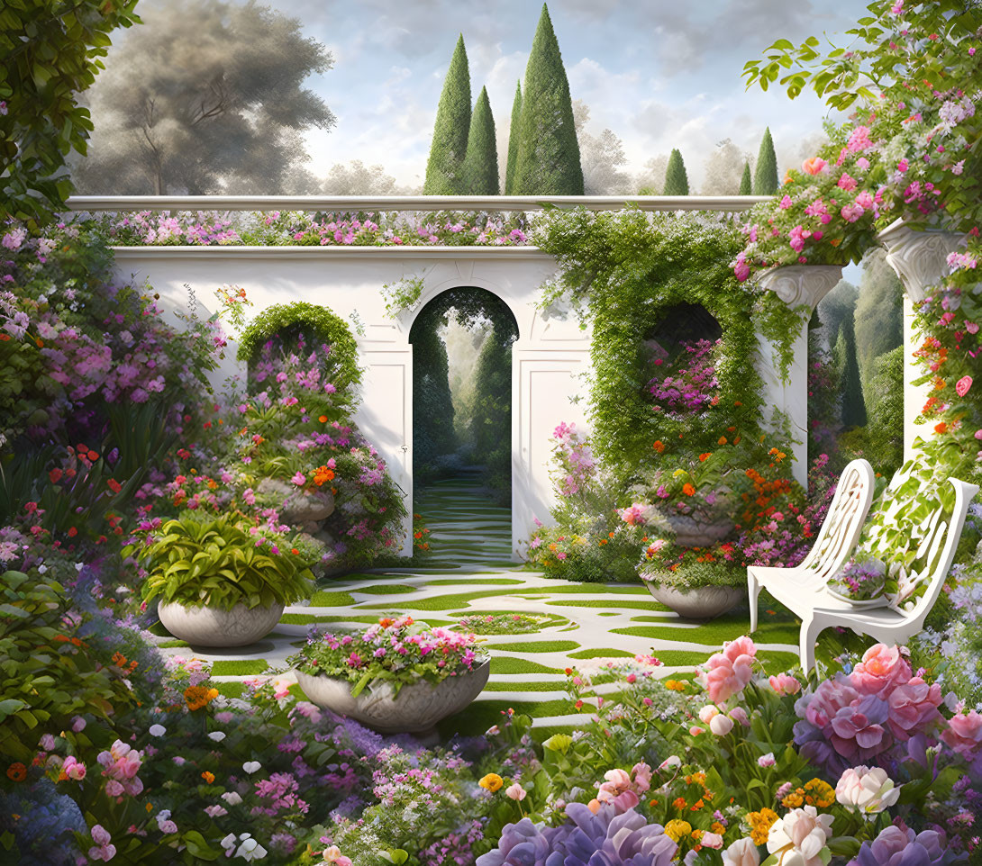 Tranquil garden with vibrant flowers, white bench, arched entryway