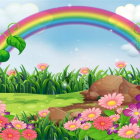 Colorful garden scene with bird, flowers, butterflies, and rainbow