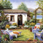 Tranquil garden with vibrant flowers, white bench, arched entryway
