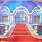 Luxurious interior with grand staircases, red carpet, golden railings, ornate columns, blue