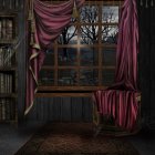 Dimly Lit Room with Ornate Window and Red Curtains overlooking Night Scene