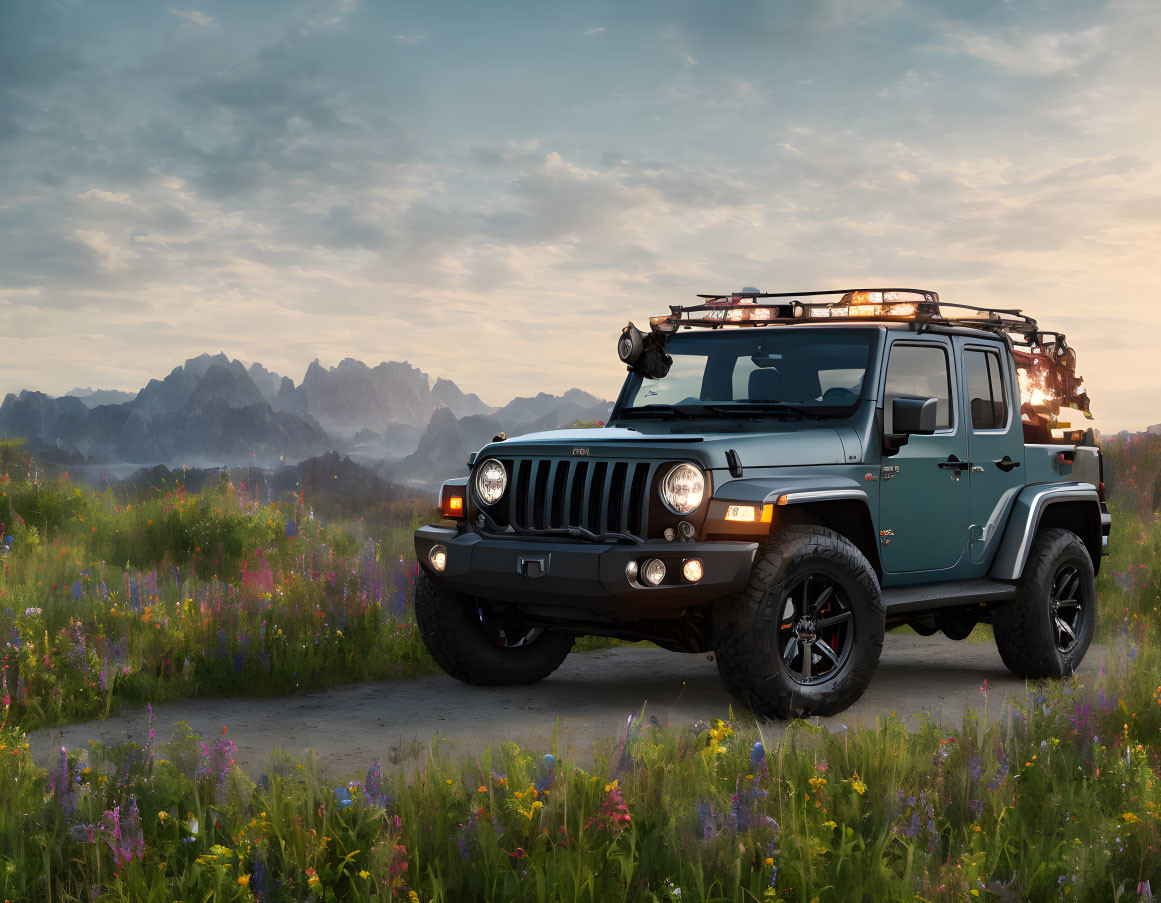 Off-road Jeep parked among wildflowers with mountains and dawn sky.