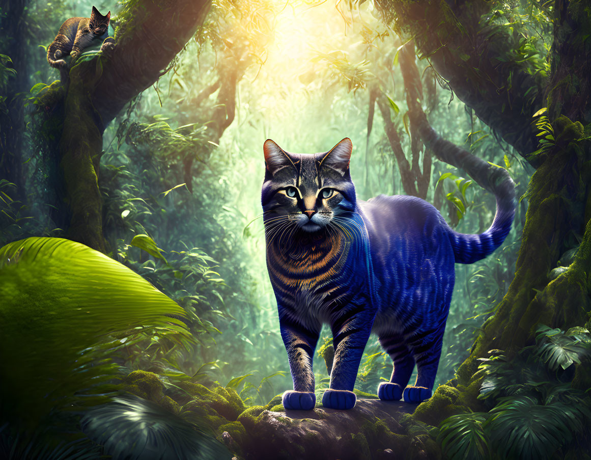 Tabby cat with blue fur on mossy log in enchanted forest