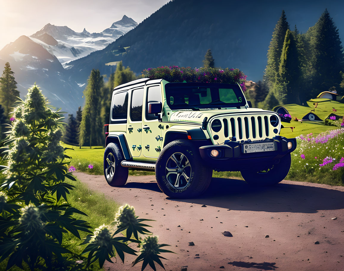White Jeep in Vibrant Mountain Landscape with Flowers