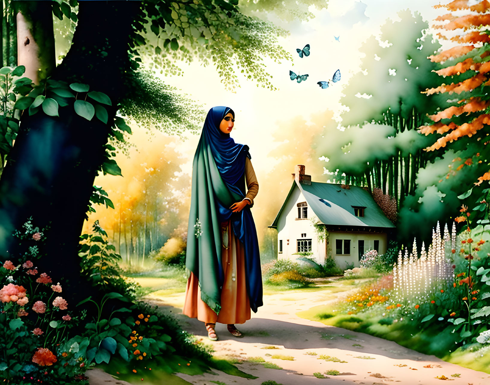 Woman in hijab near lush greenery and butterflies in forest.