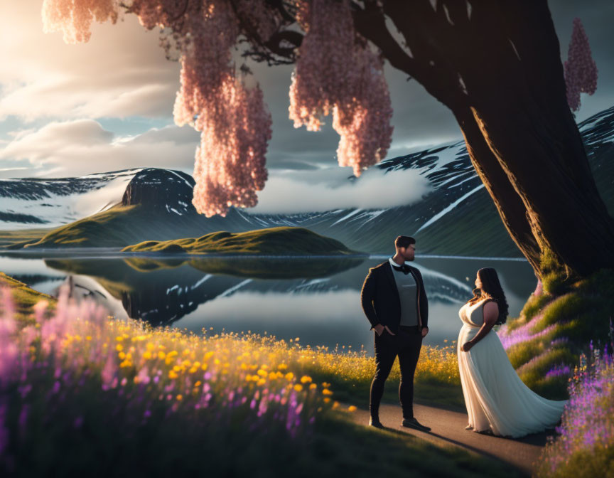 Couple in vibrant flower field with mountains and lake background