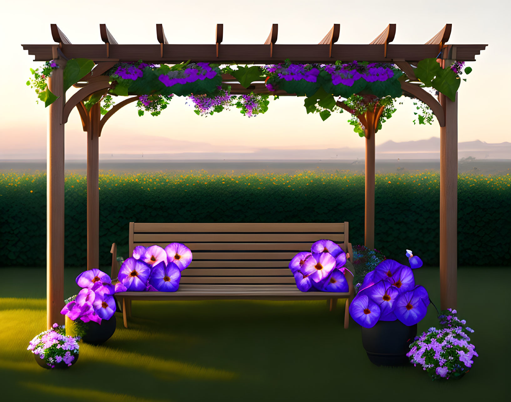 Tranquil garden with wooden pergola, purple flowers, bench, and potted plants at sunset