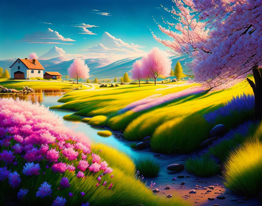 Vibrant flowers, stream, colorful trees, hills, house in scenic landscape