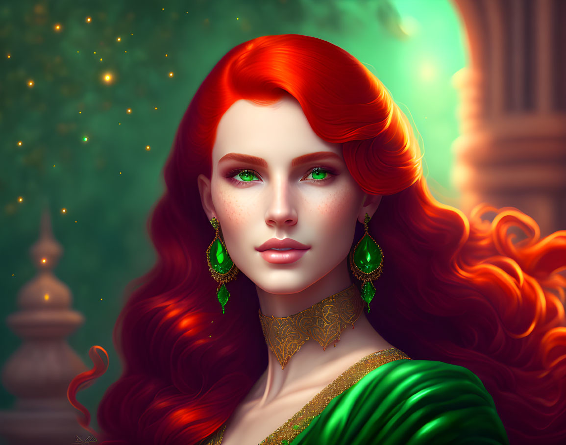 Woman with Green Eyes and Red Hair in Enchanted Forest Setting