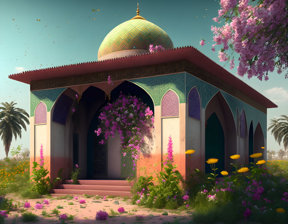 Ornate mosque with patterned dome in lush garden