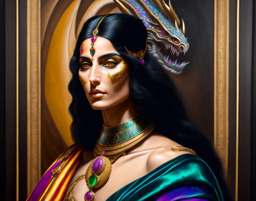 Woman in colorful sari with gold jewelry and dragon painting
